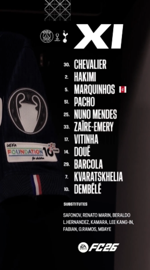 巴黎对决热刺：登贝莱KK舍瓦利耶领衔，里沙利松库杜斯登场